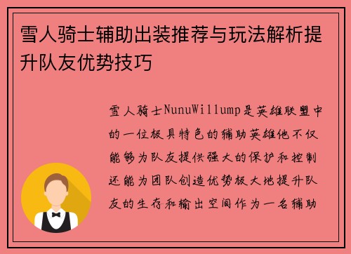 雪人骑士辅助出装推荐与玩法解析提升队友优势技巧